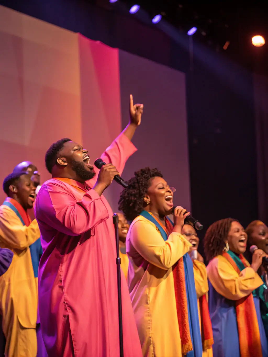 A vibrant photo of a choir performing on stage during a concert, showcasing their passion and energy.