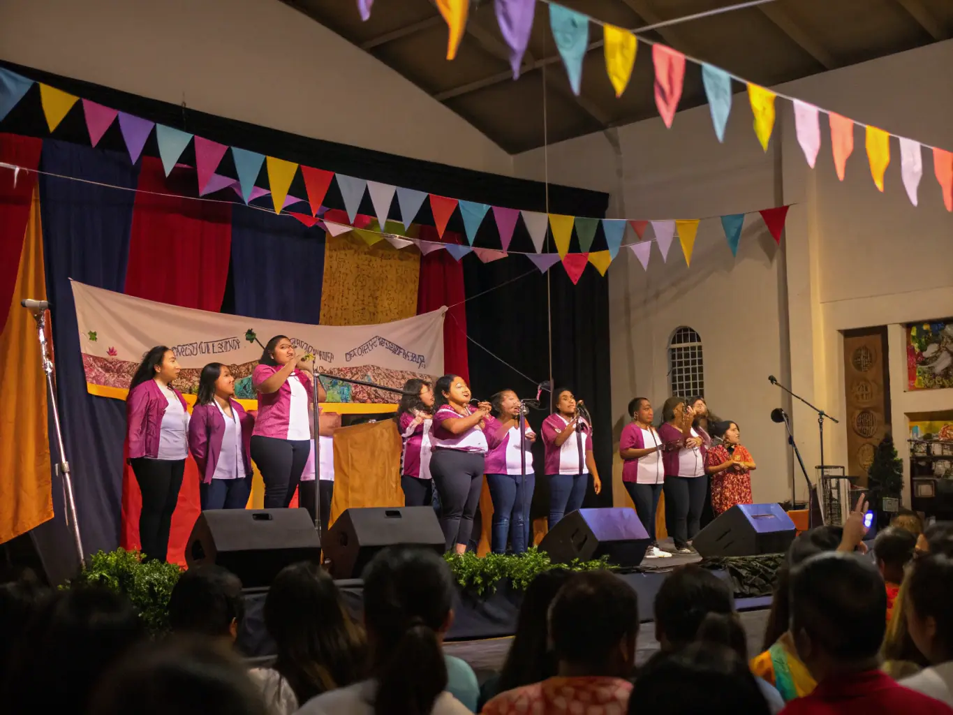 A vibrant photograph capturing a choir performance during a local community concert organized by CHORUS SPECTACLES, showcasing diverse participants and enthusiastic audience members.