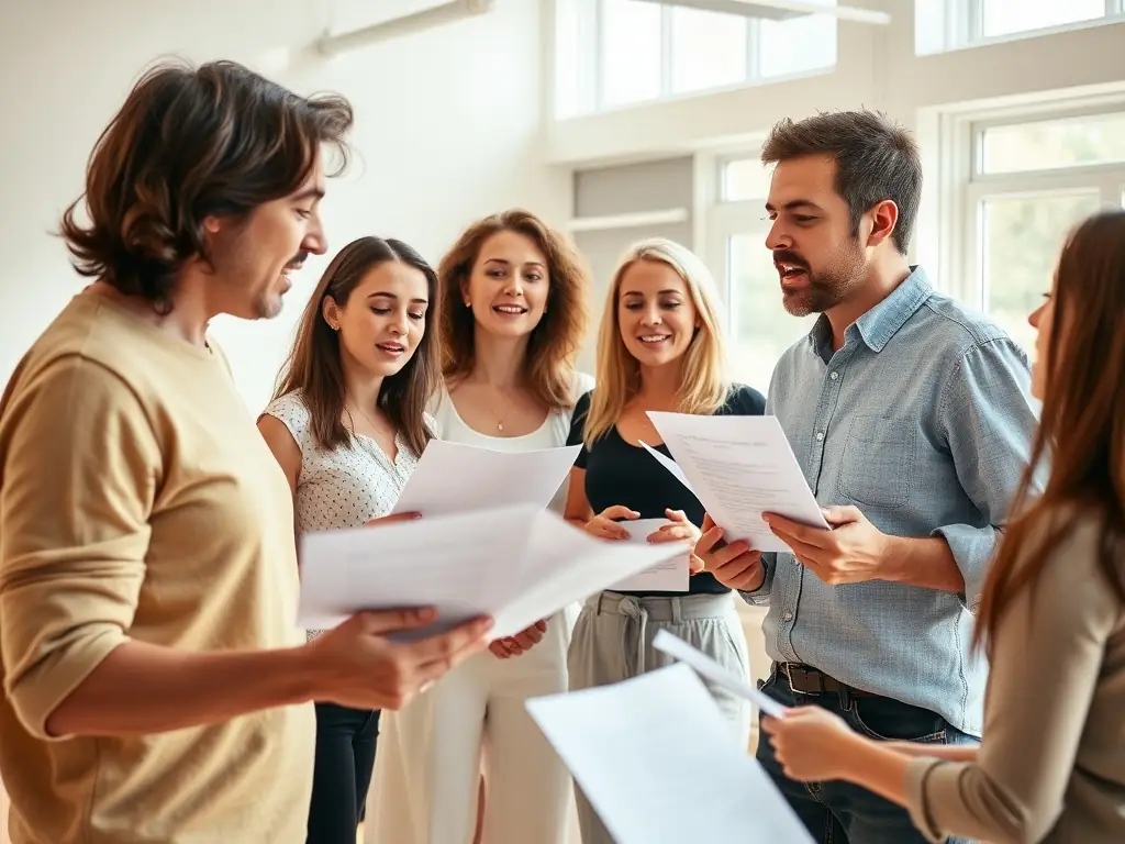 A dynamic image of participants actively engaged in a vocal workshop led by CHORUS SPECTACLES, demonstrating skill development and artistic collaboration.