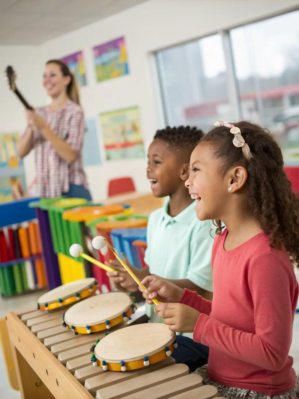 Children engaged in a music lesson at a specialized activity center, playing instruments and learning about music theory. The setting is vibrant and inspiring, encouraging creativity and self-expression.