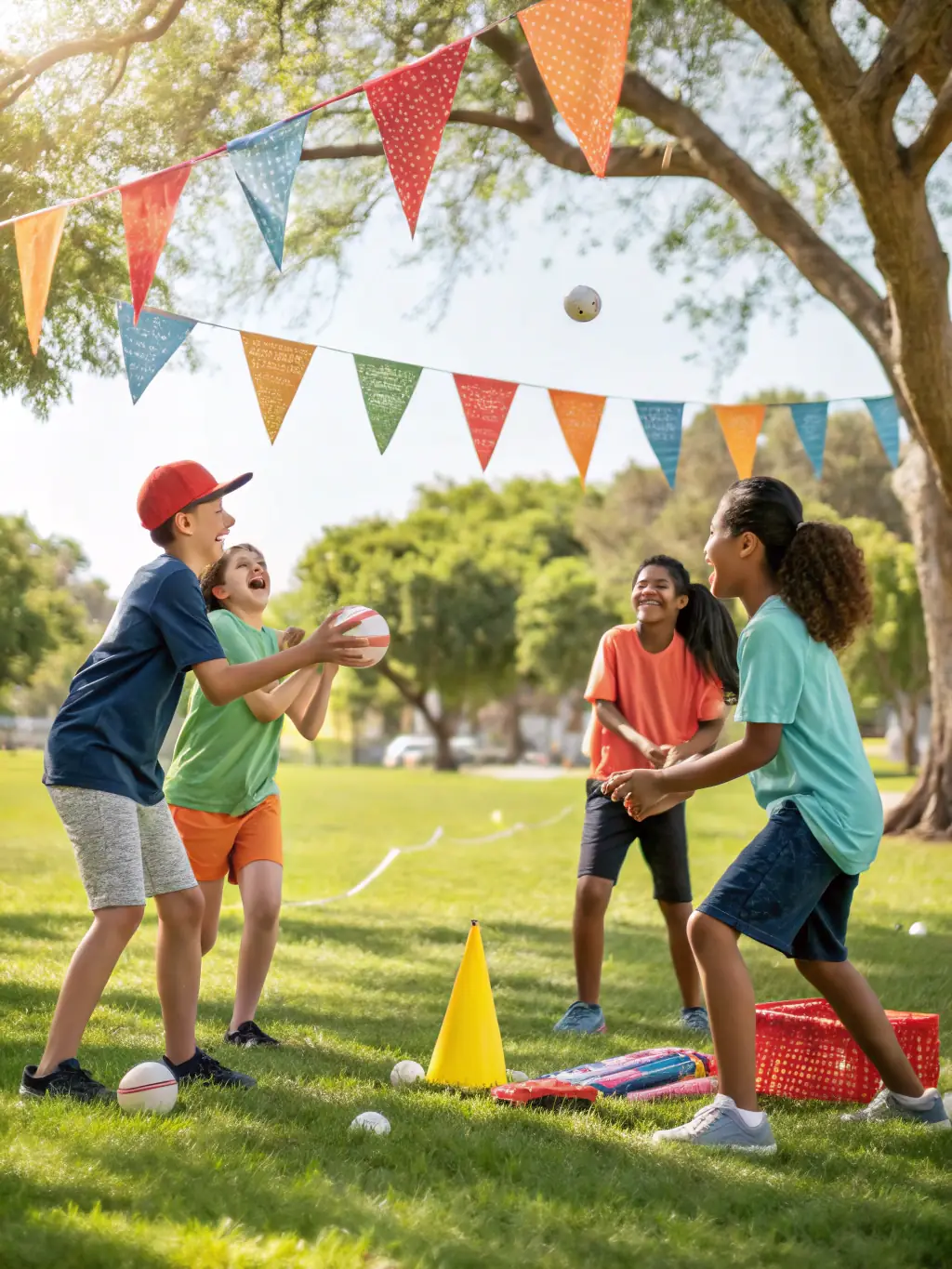 A group of children laughing and playing during an outdoor activity at a day camp, with counselors supervising in the background. The scene is bright and cheerful, showcasing the fun and engaging environment of the camp.
