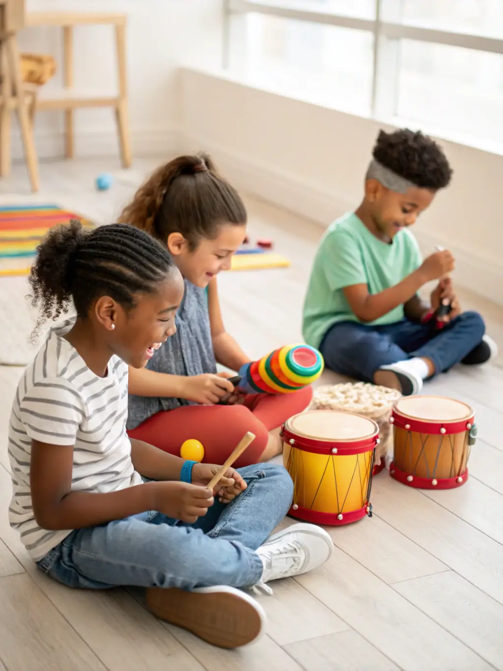 A group of children playing musical instruments in a music-focused specialized activity center, showcasing the development of artistic skills.
