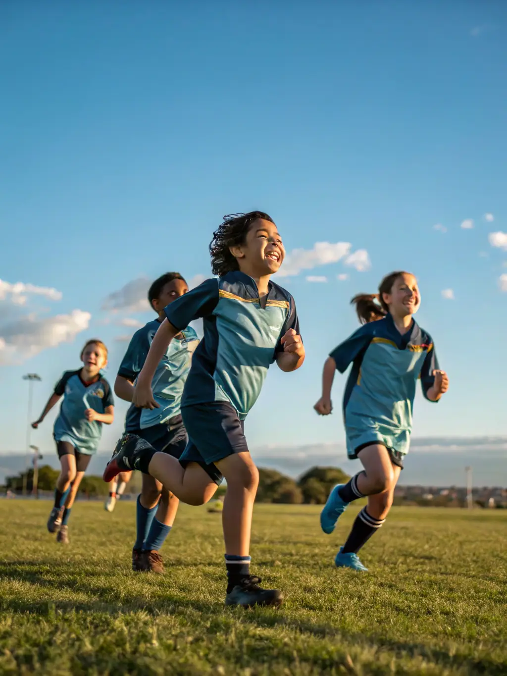 A group of children participating in a sports activity at a specialized sports center, with coaches providing guidance and encouragement. The scene is energetic and dynamic, promoting physical fitness and teamwork.