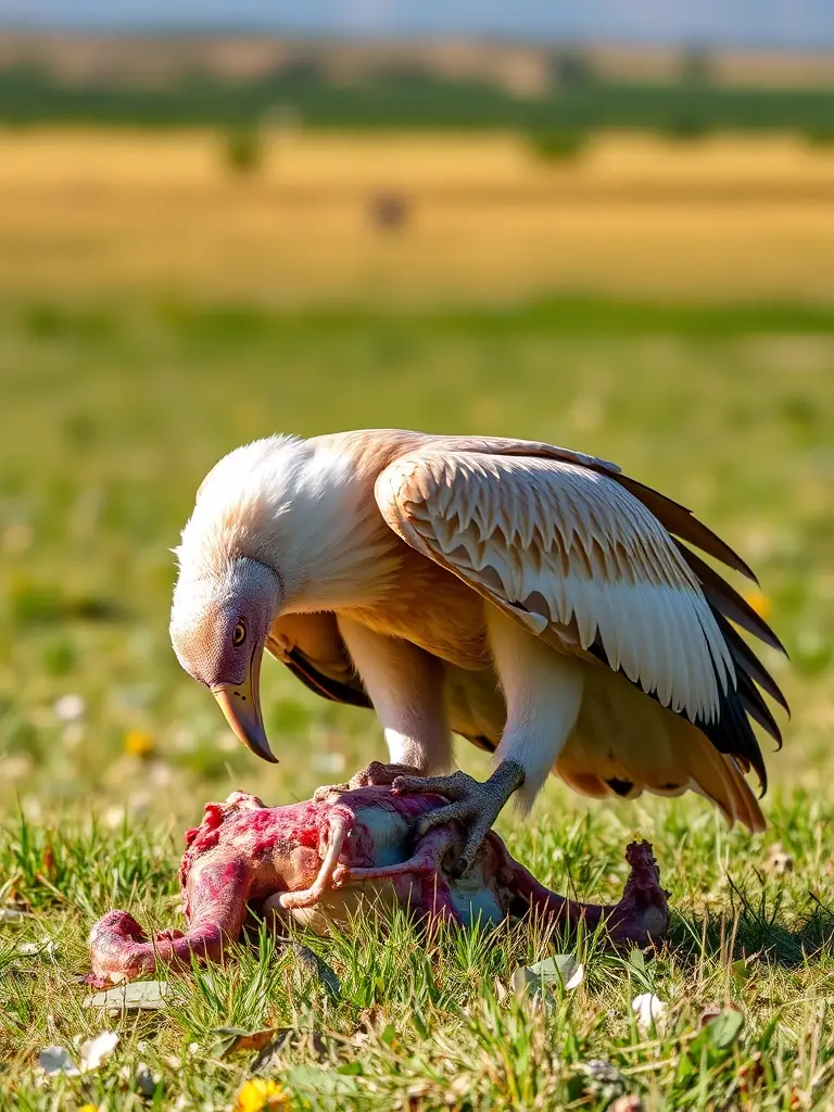 A photograph of an Egyptian Vulture feeding on carrion in a field, highlighting its unique feeding habits and importance in waste management.
