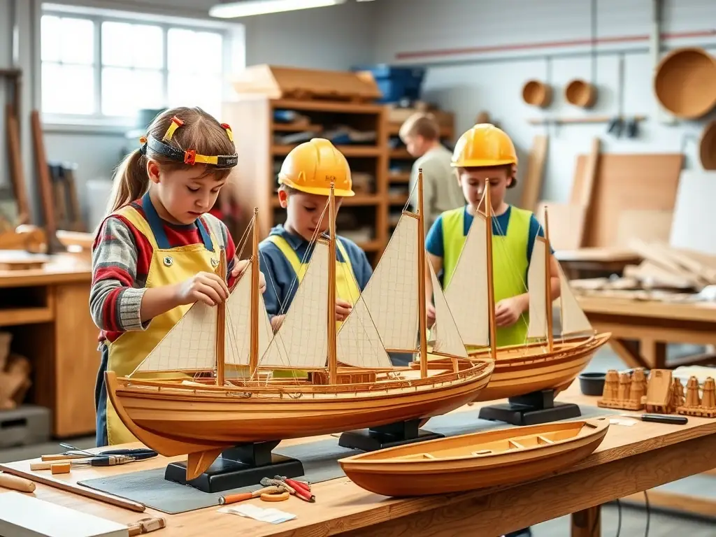 A vibrant image depicting children participating in a boat-building workshop, learning about traditional shipbuilding techniques, set against the backdrop of the Cancale harbor.