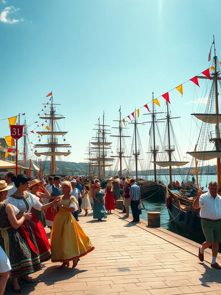 A lively scene from a maritime festival organized by ABVC, featuring traditional music, dance, and displays of historic boats.