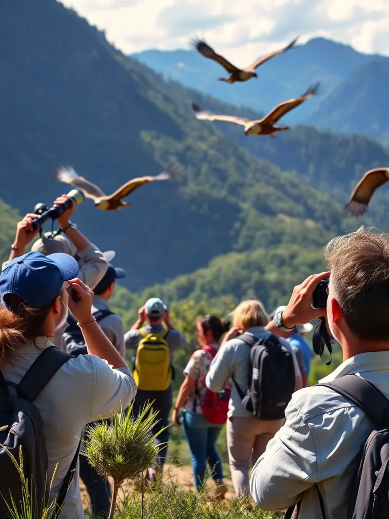 A guided tour group observing vultures in their natural habitat, led by an AVB expert, with binoculars and cameras in hand.