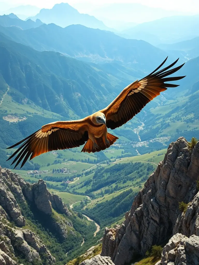 A majestic Griffon Vulture soaring over the Baronnies mountains, showcasing its impressive wingspan and natural habitat.