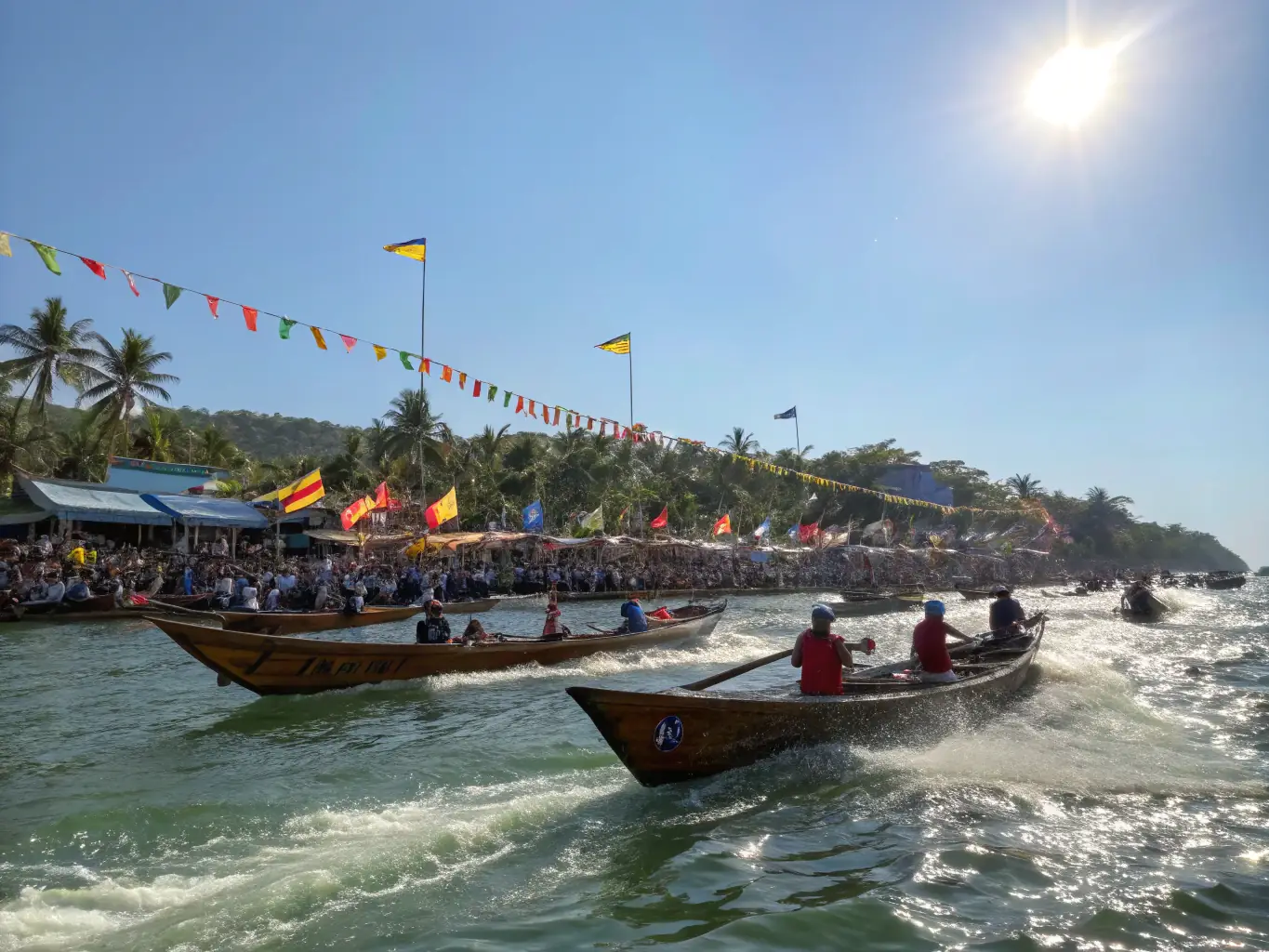 A scenic image capturing a traditional Bisquine sailing boat participating in a maritime festival, surrounded by cheering spectators and other historic vessels.