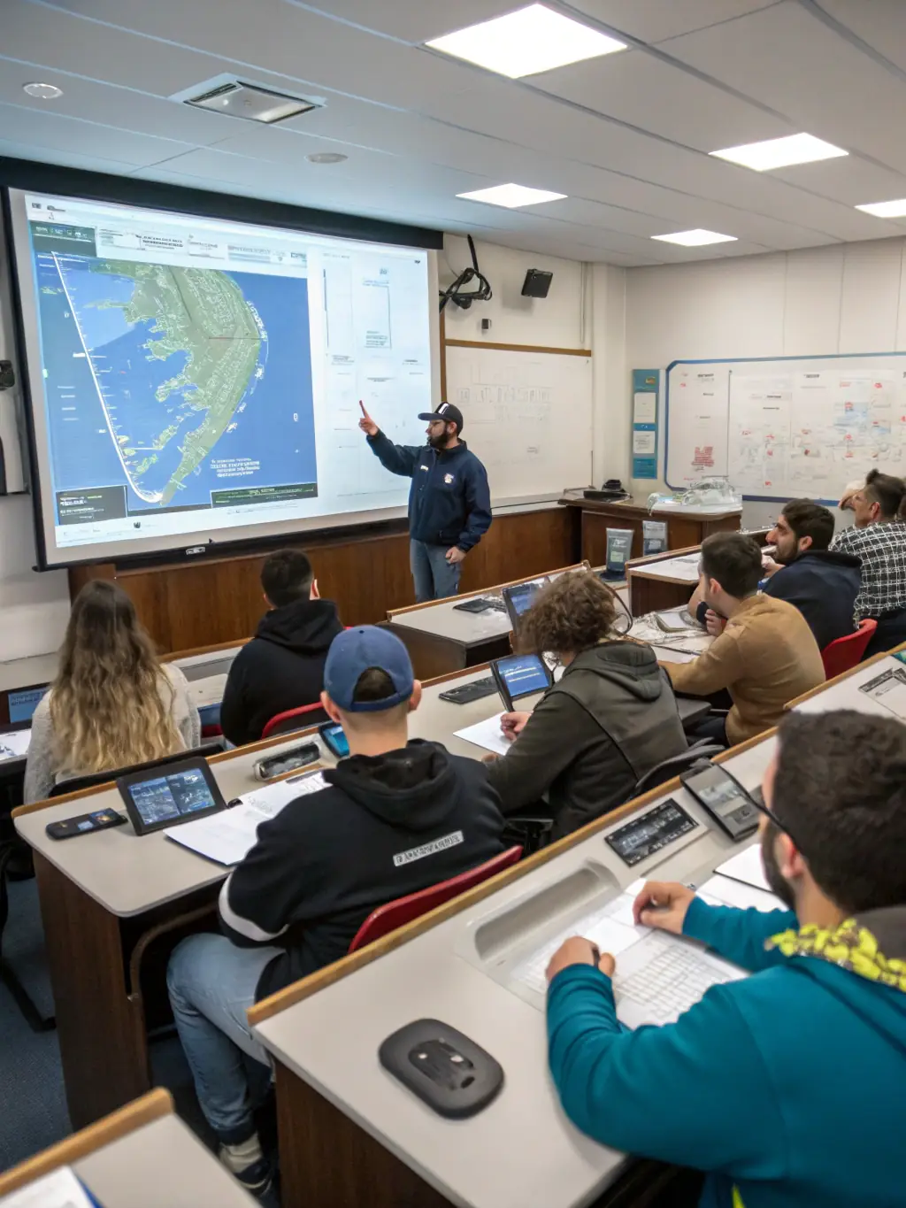 A classroom setting where an ABVC instructor is teaching a class about the history of Bisquine boats, using historical documents and images.
