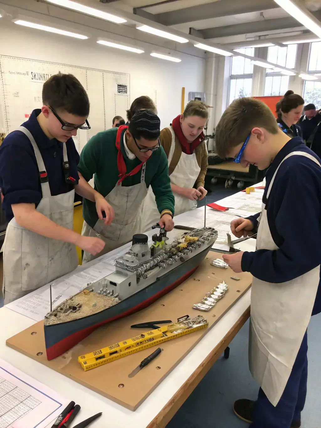 A vibrant photo of participants building a small-scale traditional boat model during an ABVC workshop, showcasing hands-on learning.