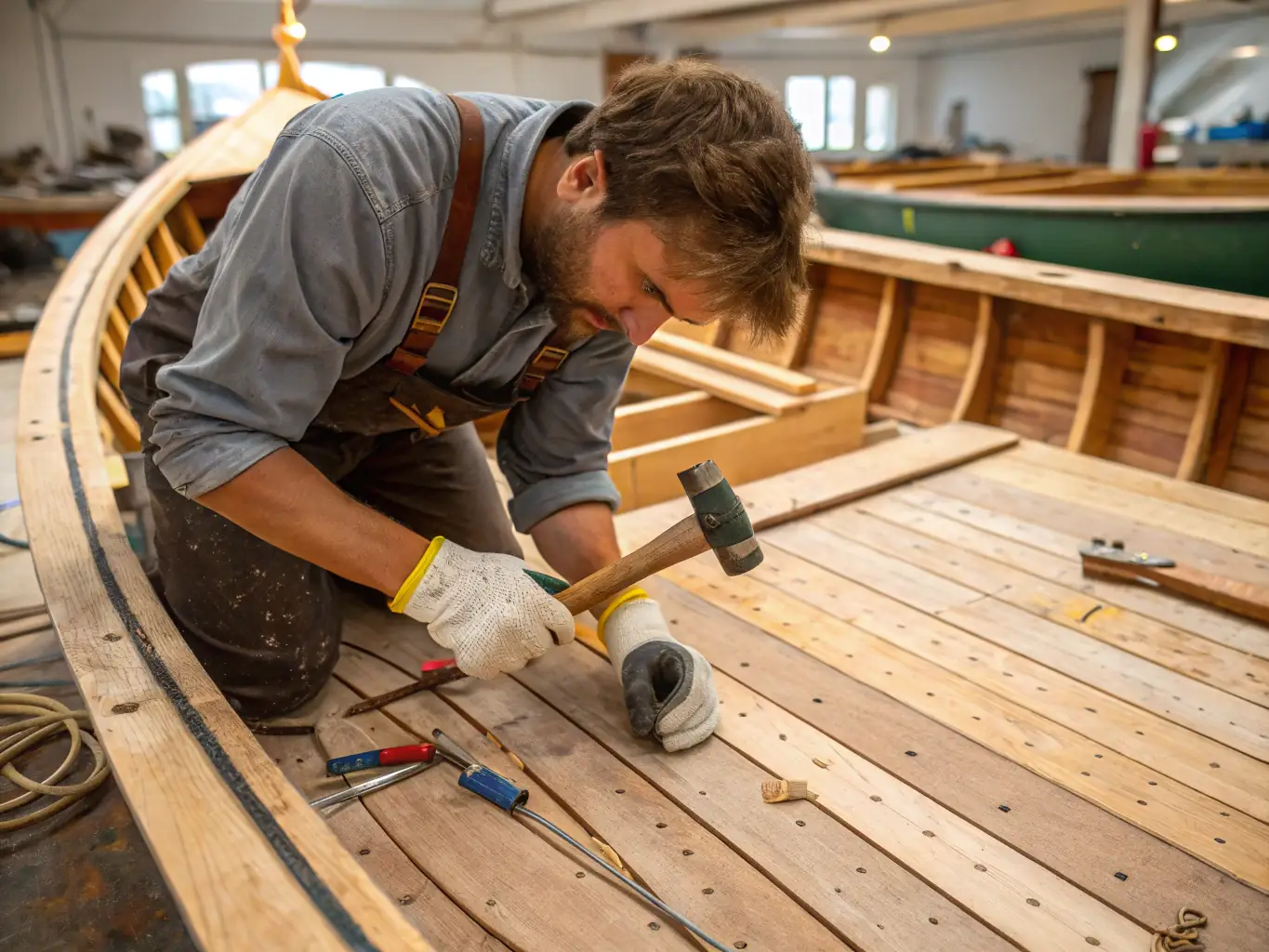 A photograph showcasing a group of adults restoring a classic Bisquine sailing boat, with experienced craftsmen guiding them through the process.