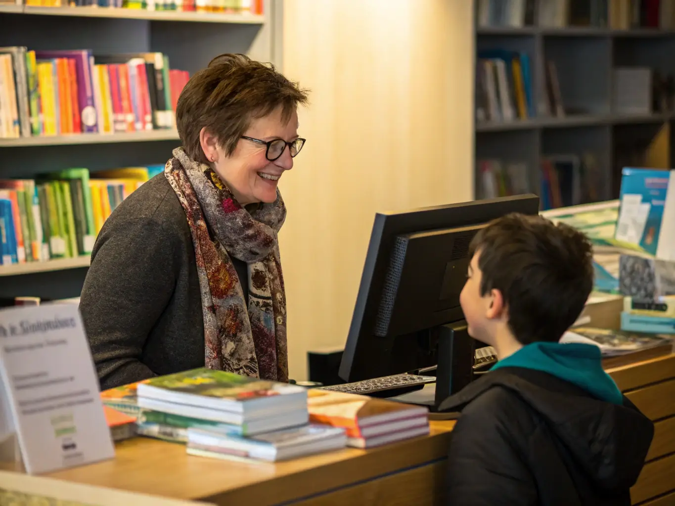 A librarian assisting a visitor with finding resources, demonstrating the library's commitment to providing personalized support and guidance for lifelong learning and knowledge sharing.