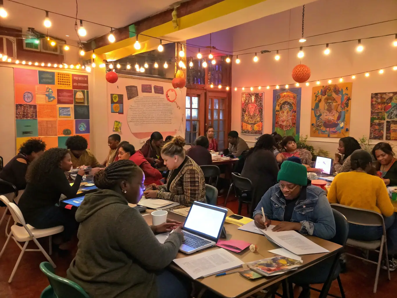 An image of a workshop at AU PLAISIR DE LIRE, where participants are learning a new skill, such as creative writing or digital literacy. The scene is dynamic and engaging, with participants actively involved in the learning process.