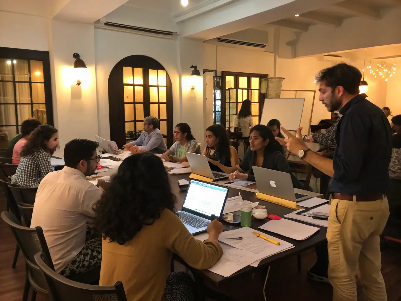 A workshop in progress at the library, with participants learning a new skill, such as creative writing or digital literacy.