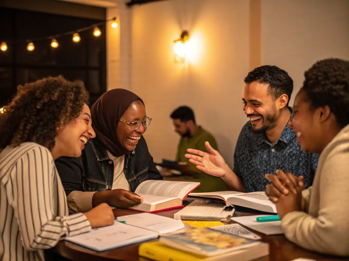 A photo of adults participating in a book club discussion, seated around a table with books and refreshments.