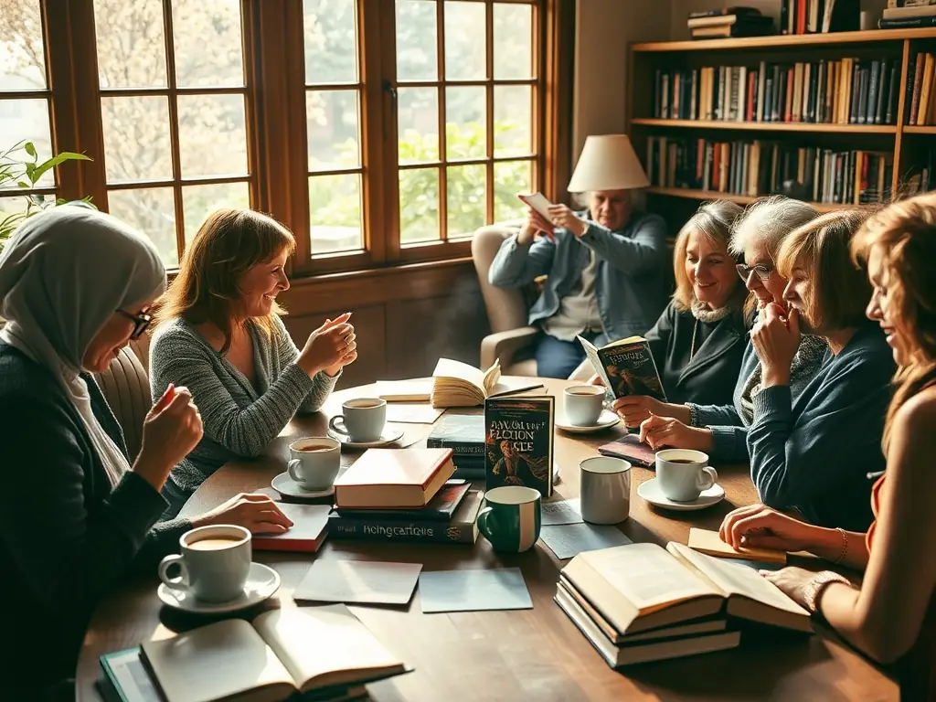A photograph showcasing adults participating in a book club discussion at AU PLAISIR DE LIRE, with books and refreshments on the table. The atmosphere is relaxed and engaging, with participants actively sharing their thoughts and insights.