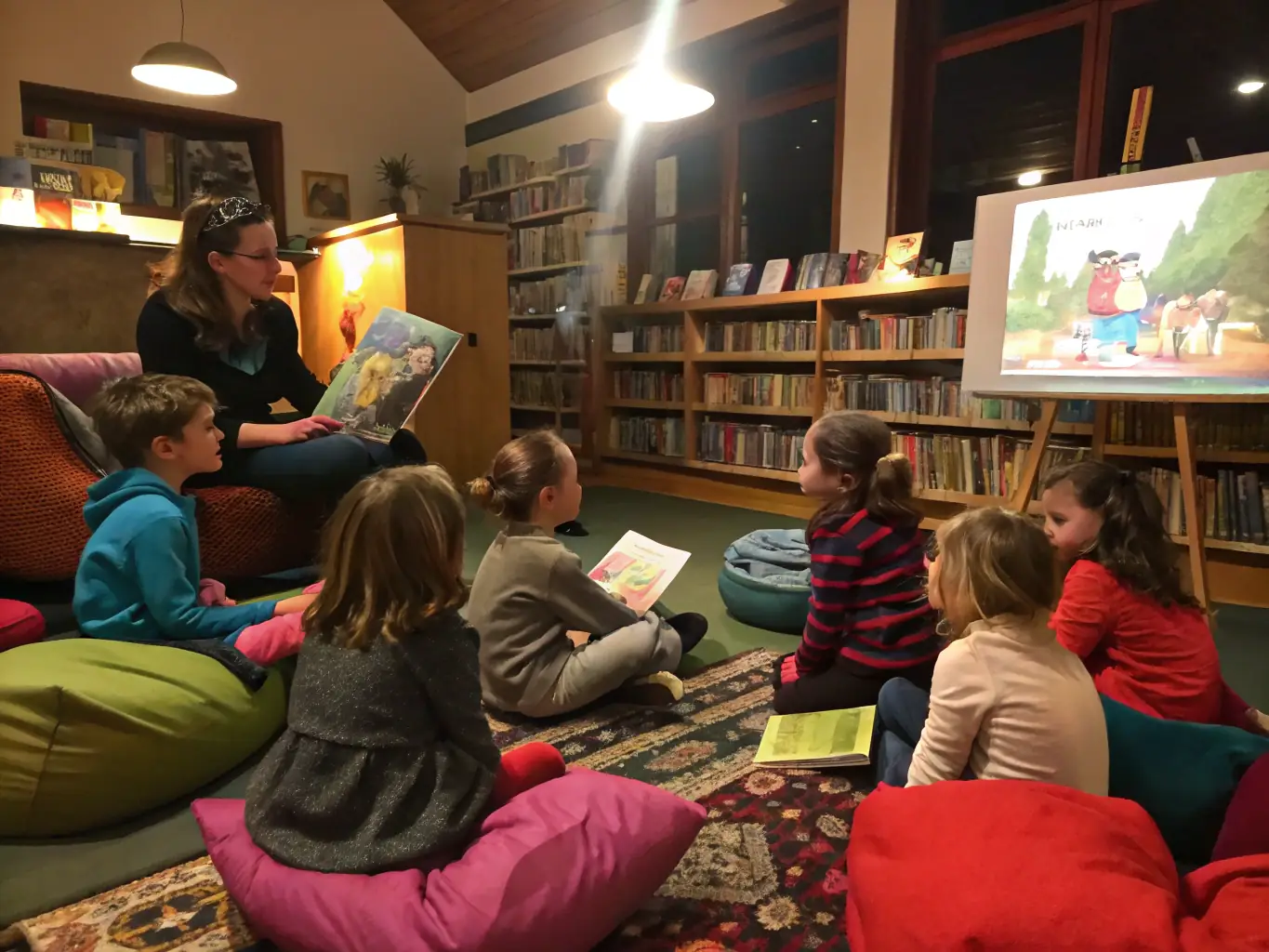 A group of children participating in a storytelling session at the library, with a librarian reading aloud from a colorful picture book.