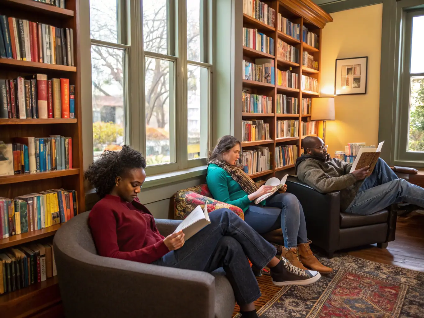 A diverse group of people of different ages and backgrounds are gathered in a brightly lit library, browsing shelves filled with books and digital resources, showcasing the library's welcoming environment and community engagement.