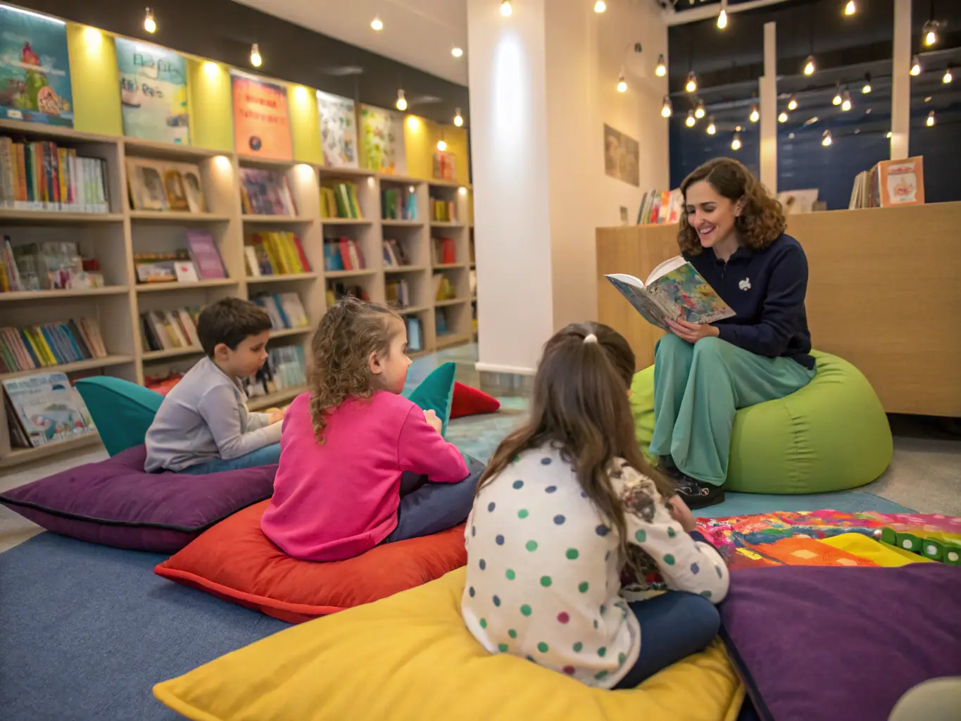 A vibrant image depicting children participating in a storytelling session at AU PLAISIR DE LIRE, with a librarian reading aloud from a colorful picture book. The scene is set in a cozy corner of the library, filled with comfortable seating and bookshelves.